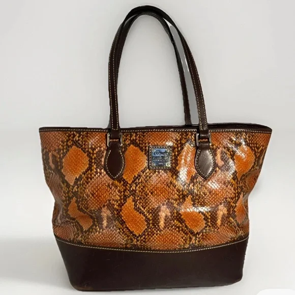 Dooney & Bourke Leather & Python Snakeskin Style Brown & Orange Shoulder Bag - Picture 1 of 16